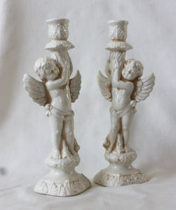 Antique White Small Angel Candleholders 1 Pair