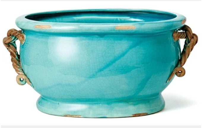 Il Nodo Oval Cachepot - Teal Blue Pot with Handles